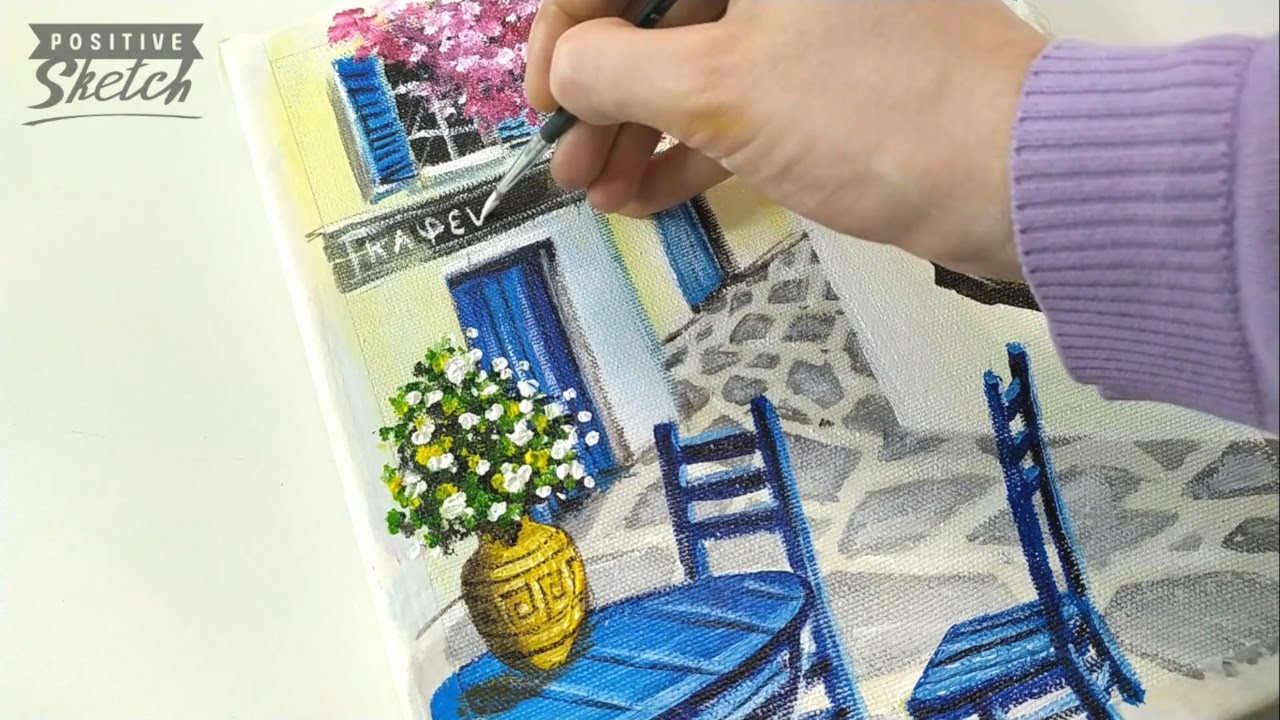Acrylic painting Greece, Greek cafe, Painting ideas