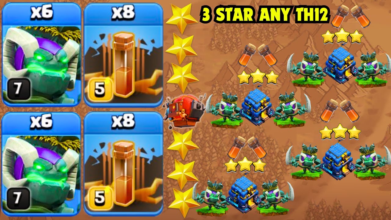 TH12 NEW ATTACK STRATEGY | 6 GOLEM WITCH + 8 EARTH QUAKE SPELLS | BEST TH12 ATTACK STRATEGY IN COC