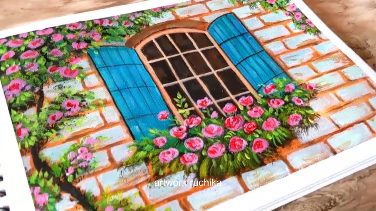 Easy way to paint with acrylic | Blooming Window Painting Tutorial | Flower Painting For Beginners