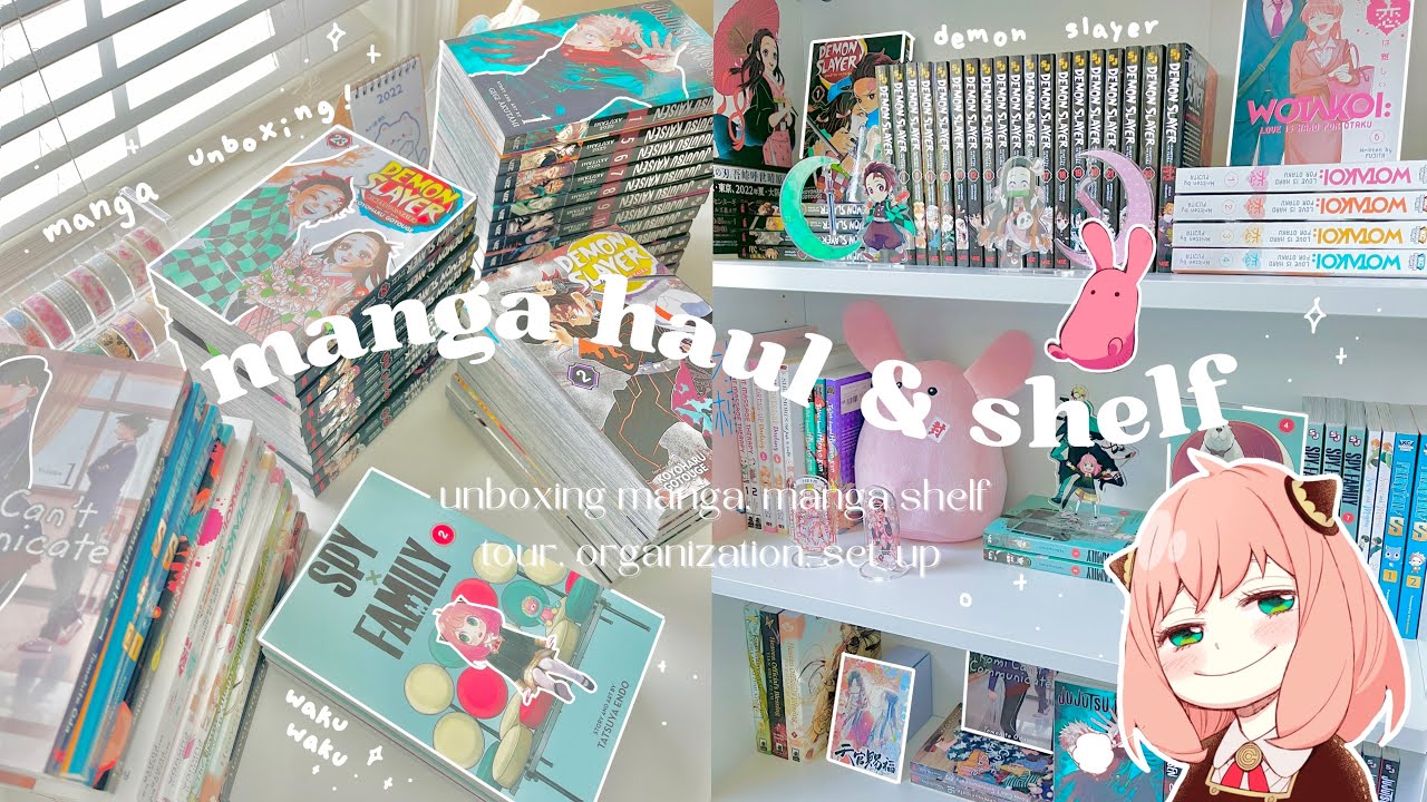 🥜 manga haul + manga shelf tour // unboxing, organization, demon slayer, spy x family