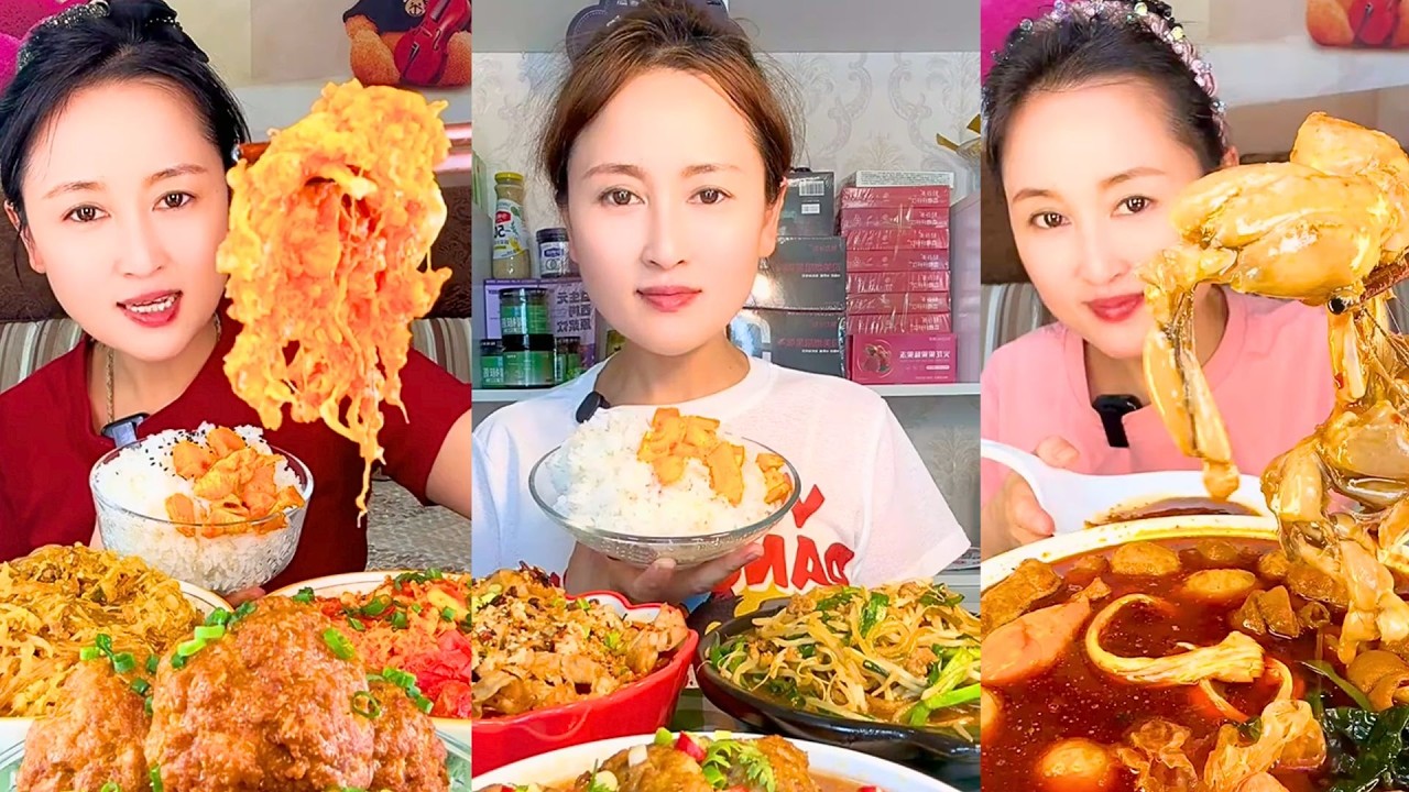 Rice Mukbang with Spicy Noodles, Tomato Egg and Braised Crab