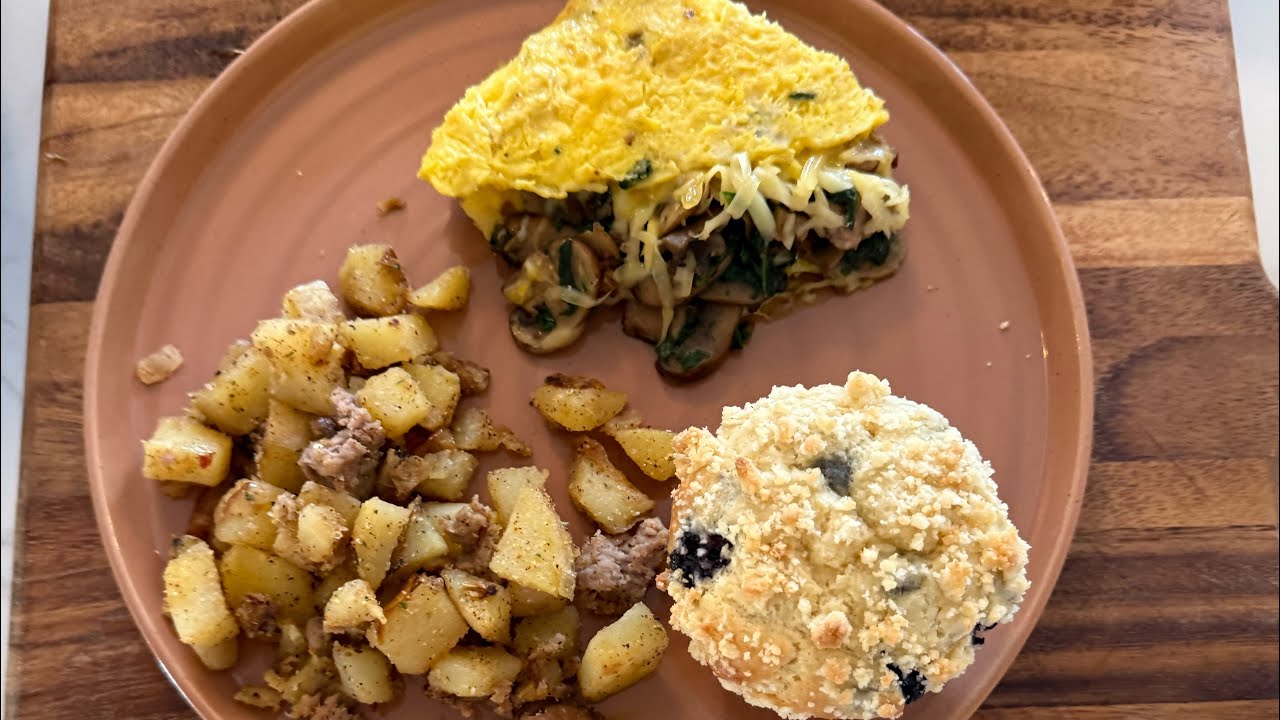 Gouda Omelette, Skillet Potatoes, and Blueberry Muffins