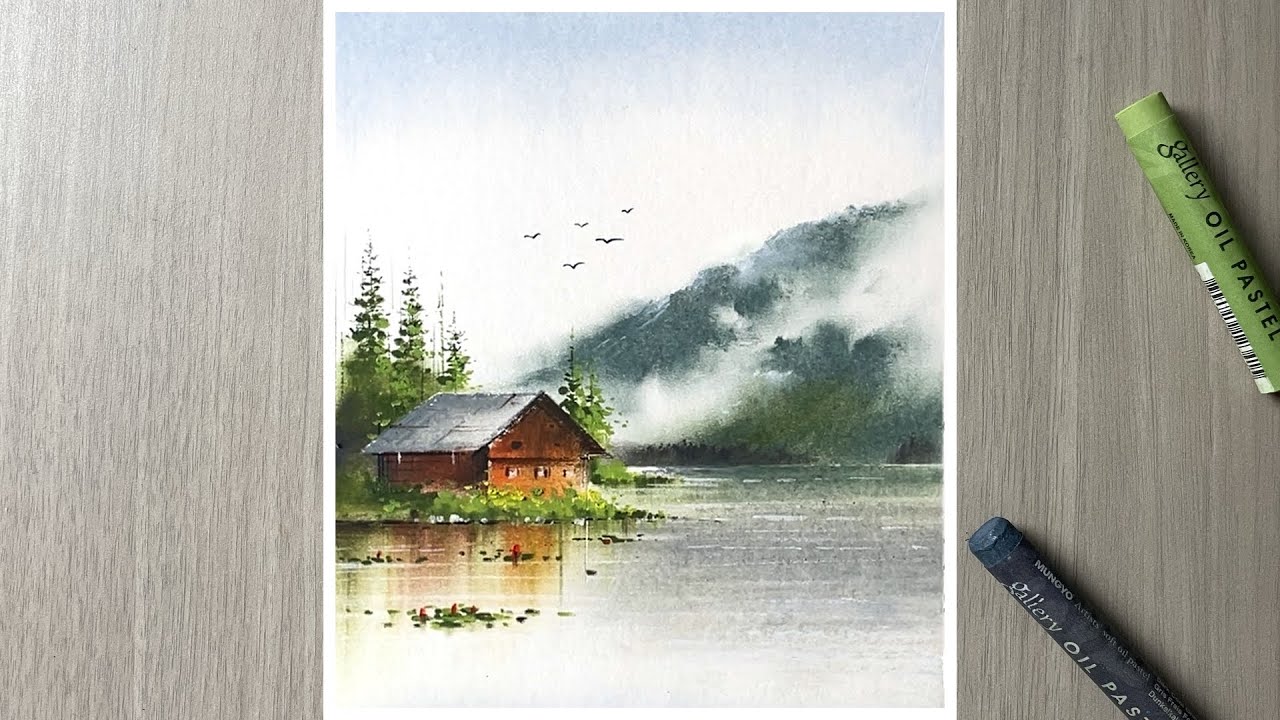 Misty morning scenery - oil pastel