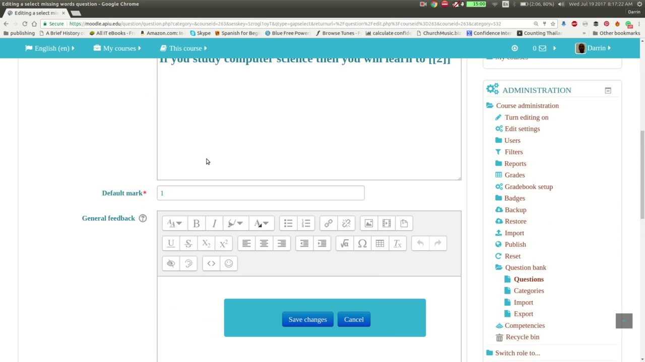 Selecting the Missing Word Question in Moodle