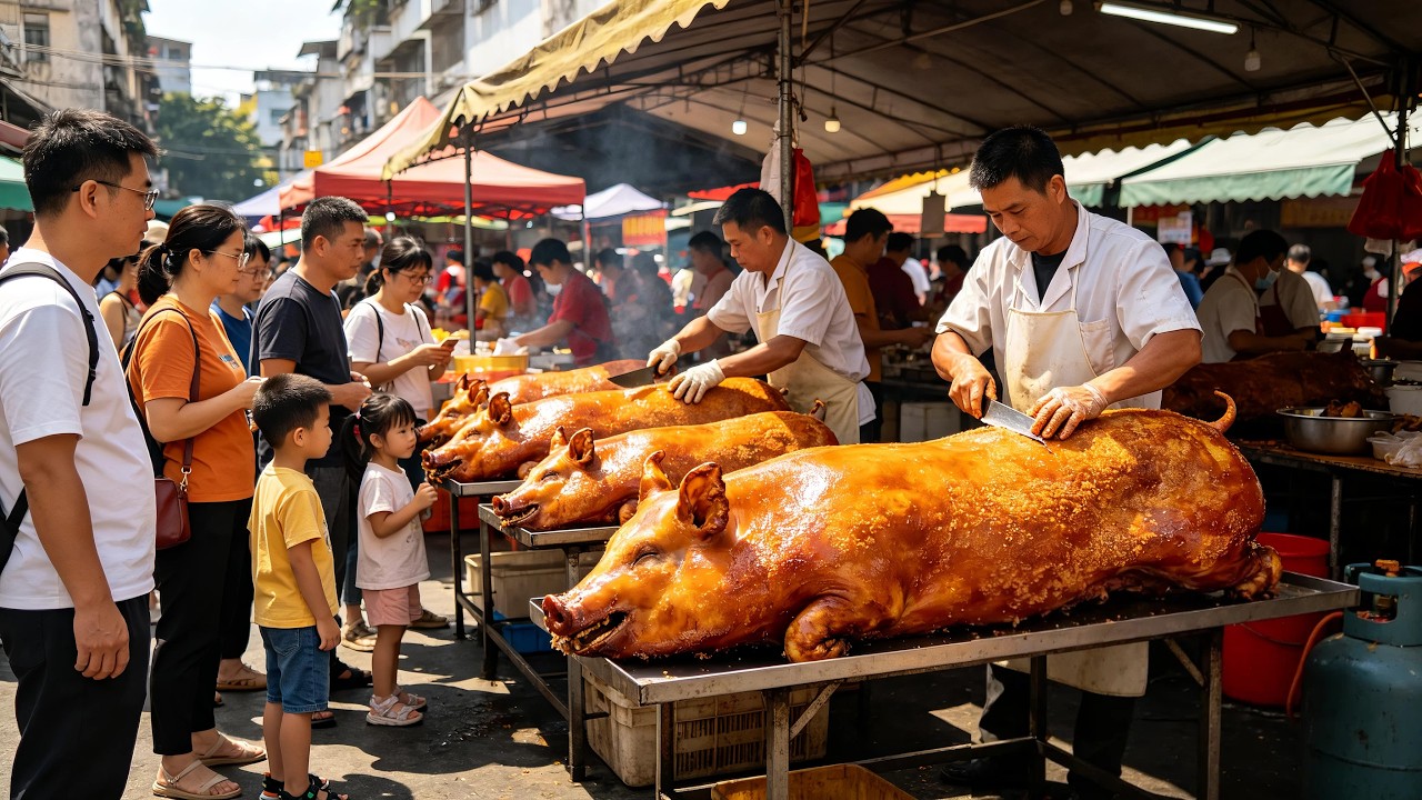 Guangdong, China Traditional Market! Roast Pork, Cantonese Food & Live Crocodiles