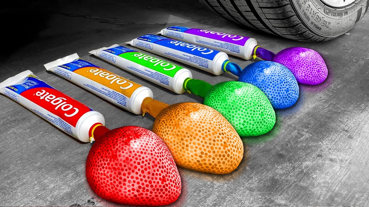 Crushing Experiments Video! &Car vs Crunchy Color Giant Toothpaste Balloons & Soft Things By Car 7