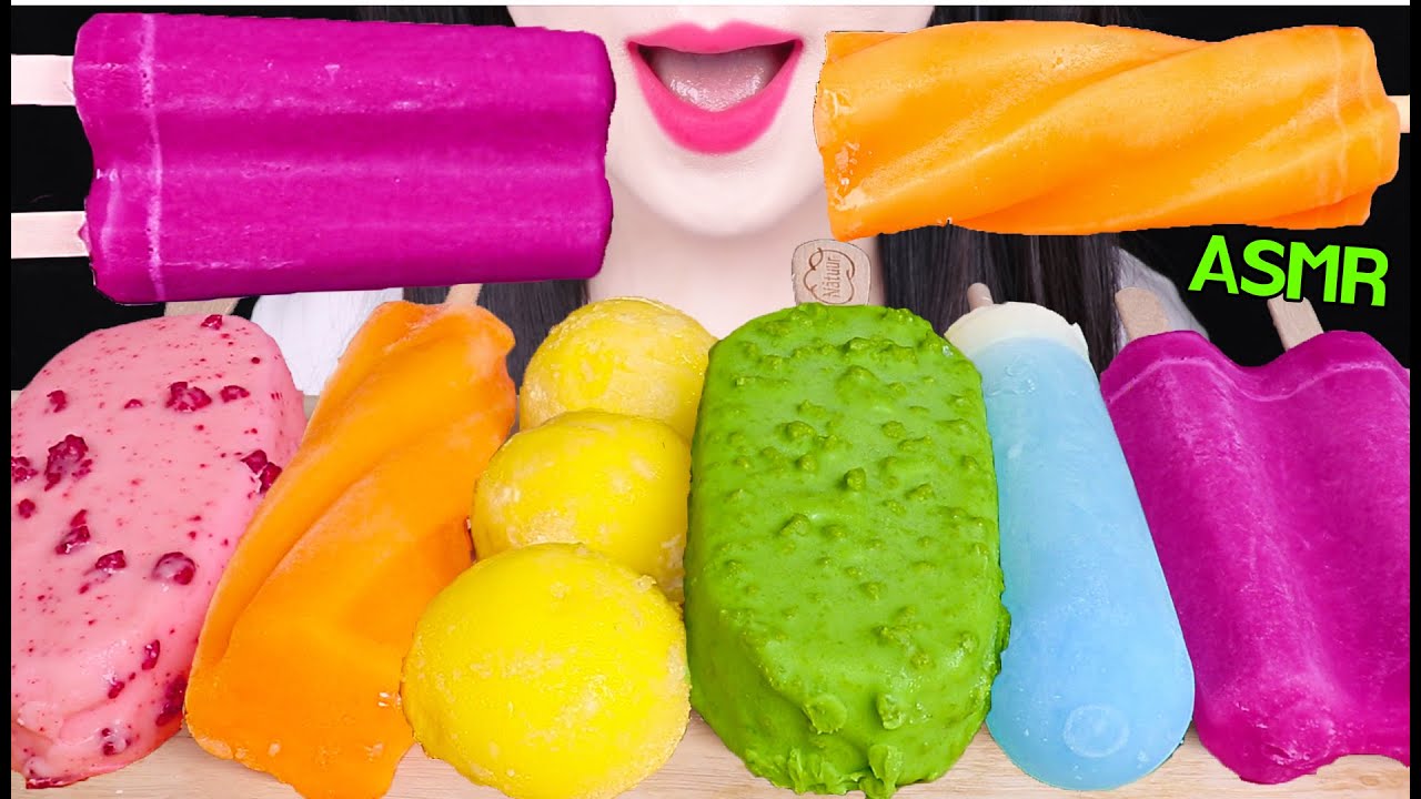 ASMR RAINBOW ICE CREAM *GREEN TEA, GRAPE, STRAWBERRY, ORANGE 무지개 아이스크림 *녹차, 쌍쌍바 먹방 JANE ASMR 제인