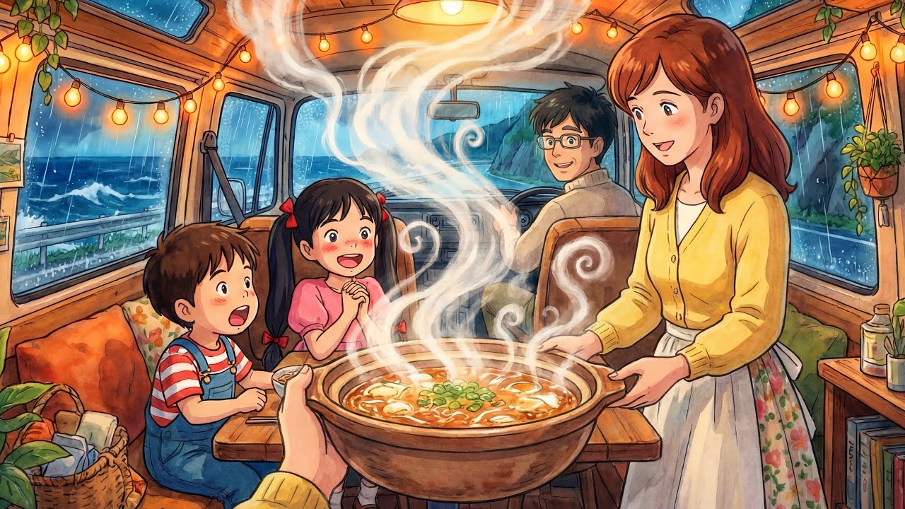 Cozy Van Life in Heavy Rain 🌧️ Cooking & Eating ASMR | Ghibli Style Ambience for Sleep & Study