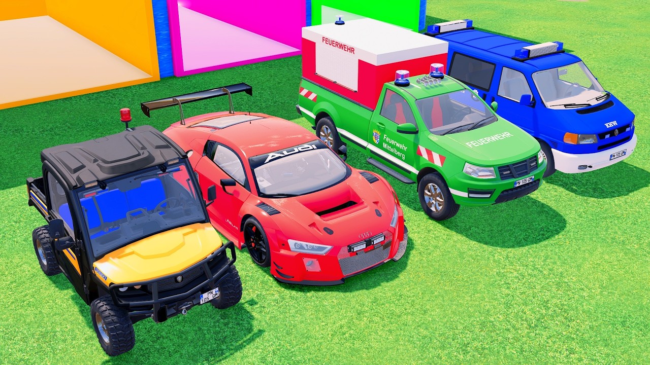 TRANSPORTING POLICE CARS, AMBULANCES & FIRE TRUCK WITH MAN EYE TRUCKS ! FS 22 #12