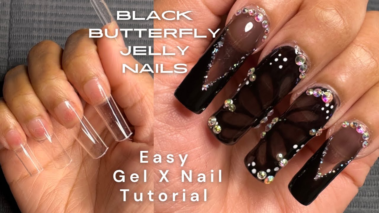 How to do Gel X Nails At Home | Easy Black Butterfly Jelly Nail Art | Beginner Friendly Step by Step