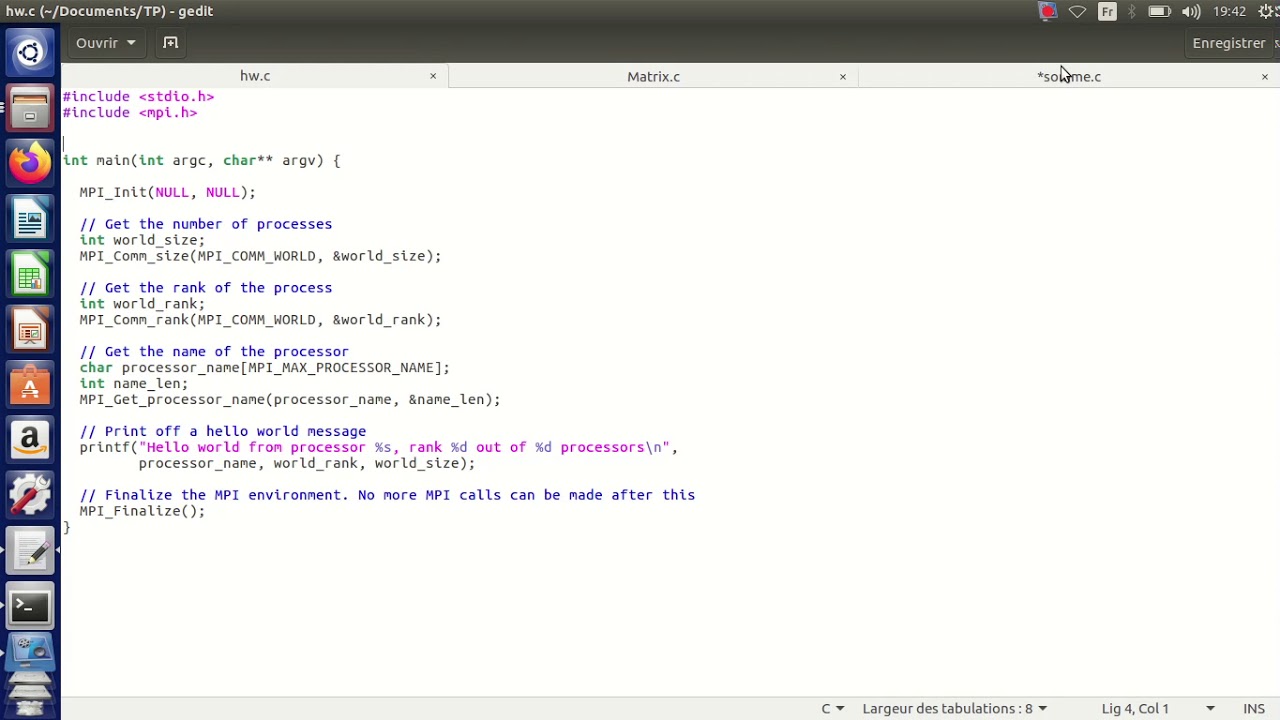 TP PROGRAMMATION PARALLÈLE avec MPI  (hello Word, Produit Matrice et Somme elle Tab)