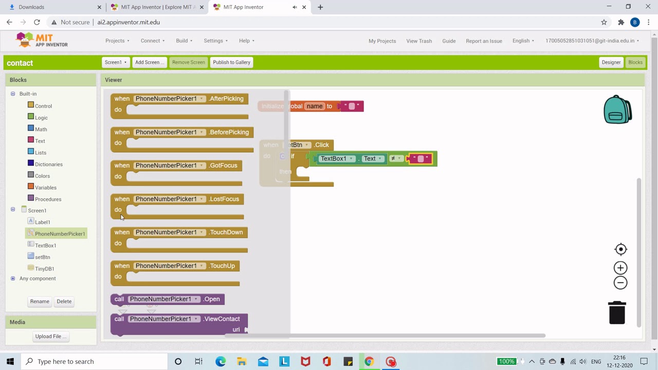 How to use contact picker in MIT App Inventor