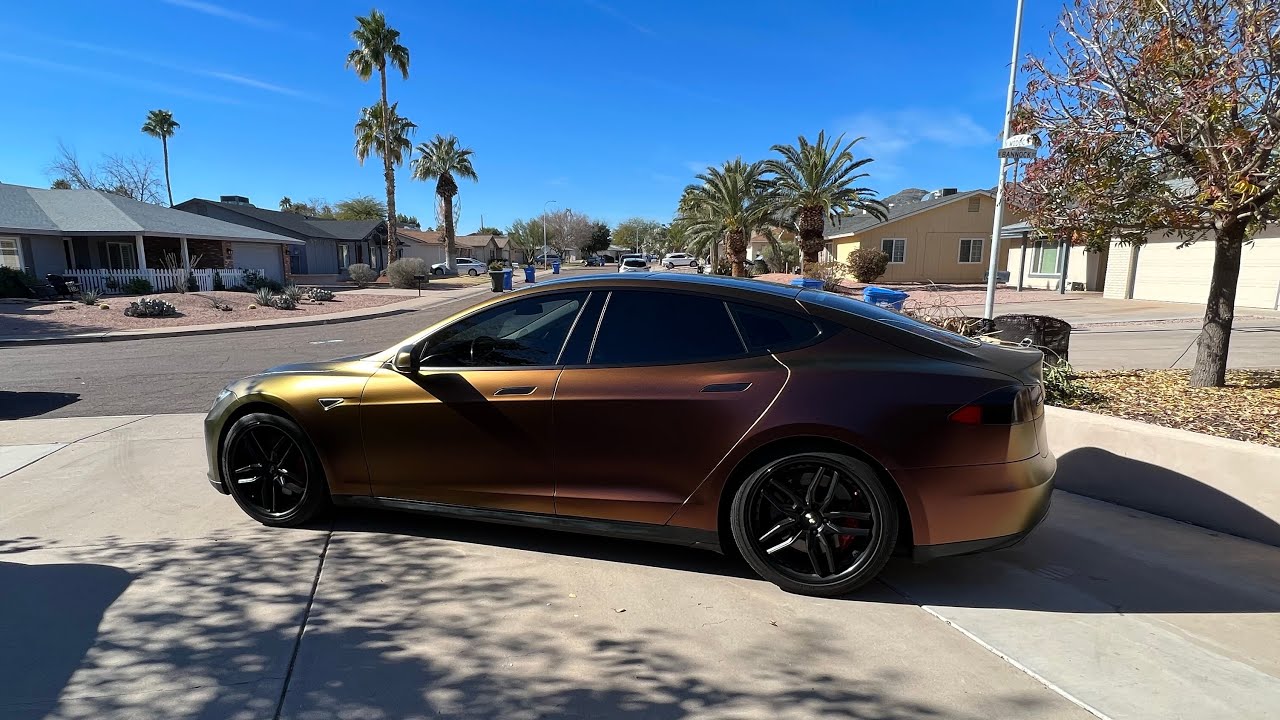 Beautiful Tesla Model S Vinyl Wrap and Chrome Delete: 3M Satin Volcanic Flare
