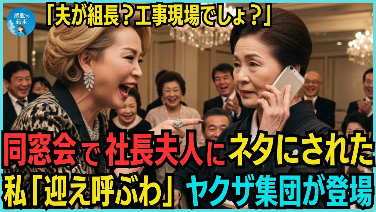 「夫がヤクザの組長？工事現場の間違いでしょw」同窓会で元いじめっ子の社長夫人にネタにされた私「迎えを呼んで証明するわ」5分後、100名のヤクザ集団を連れた組長の夫が登場