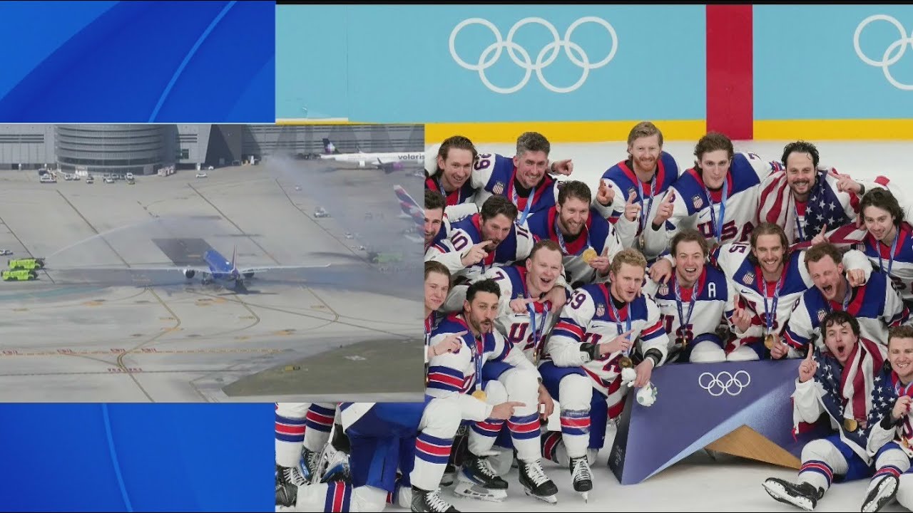U.S. men&rsquo;s hockey team honored with water salute at Miami International Airport after gold medal win