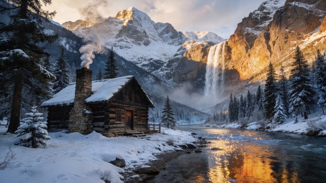 Cozy Winter Cabin with Waterfall 🌲 River Sounds for Sleep & Relaxation