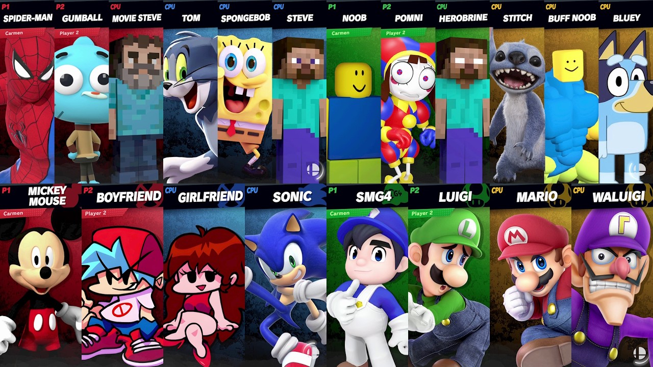 NEW Sonic vs Mario vs Roblox vs Minecraft vs Spider-Man vs Bluey vs SpongeBob vs Steve in Smash Bros