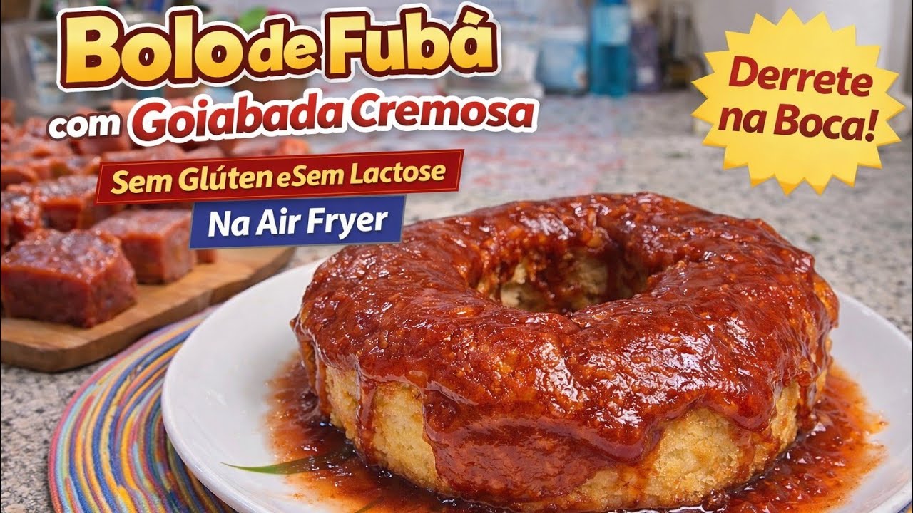 BOLO DE FUBÁ NA AIR FRYER 😍 Sem Glúten, Sem Lactose e com Calda de Goiabada!