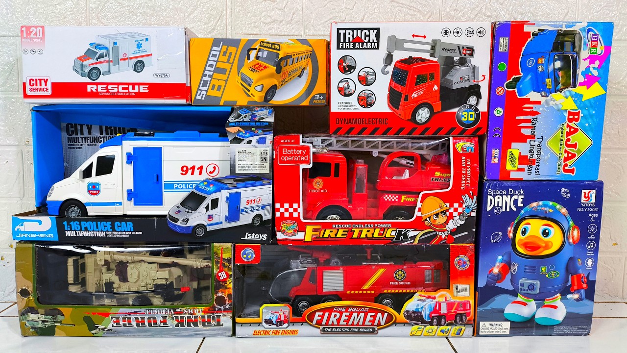 Unboxing Mobil Polisi, Truk Pemadam, Mobil Ambulans, Bus Sekolah, Tank Baja
