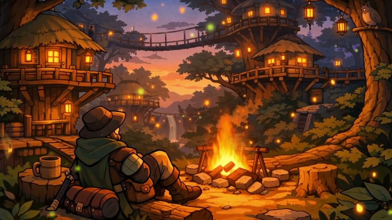 Cozy Forest Fireplace 🌲 Relaxing Fantasy Ambience at Dusk 1 Hour