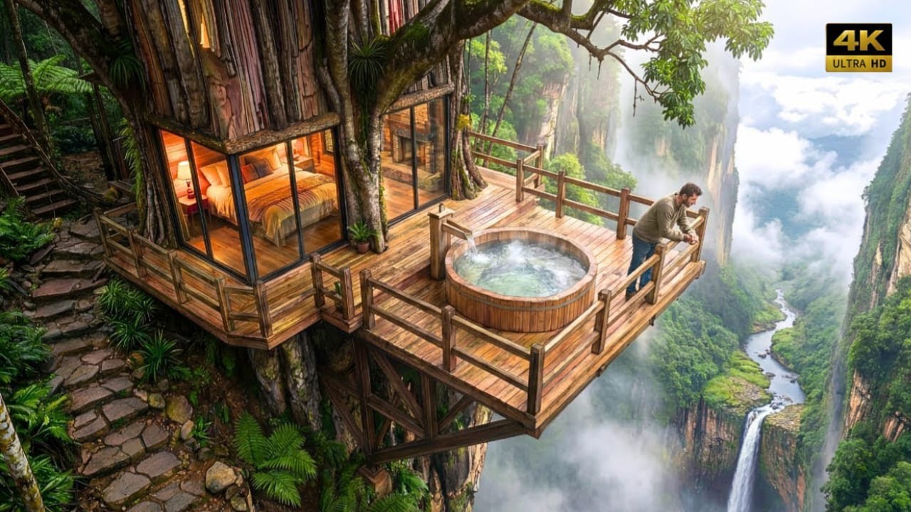 Building a Secret Luxury Glass Cabin Inside a Giant Tree Above a Waterfall ||  NextZen Factory