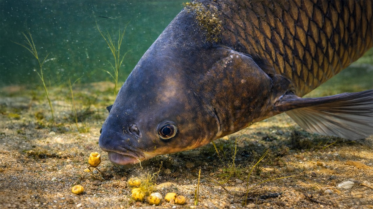 Catching a big carp underwater (Amur)