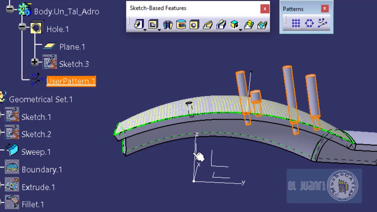 CATIA V5 desde cero. Lección: User Pattern aplicado a Holes en curva.