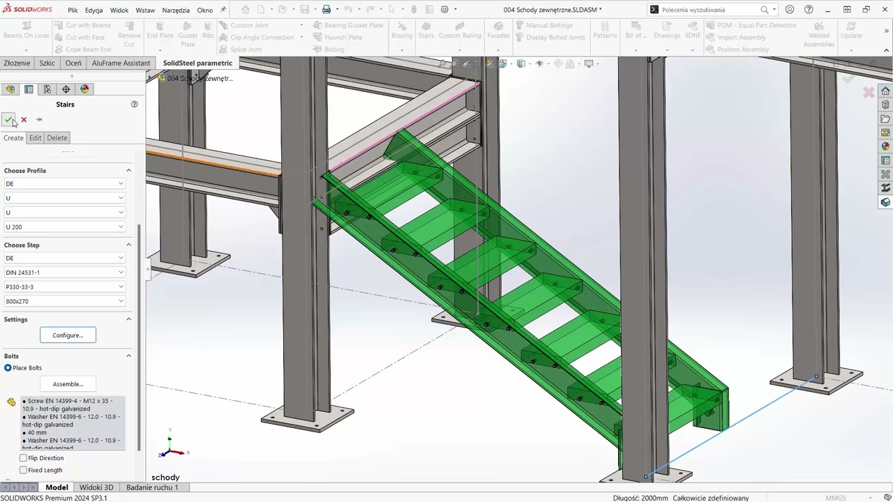 Dodatek SolidSteel Parametric przedstawiający konstrukcję schod&oacute;w i poręczy
