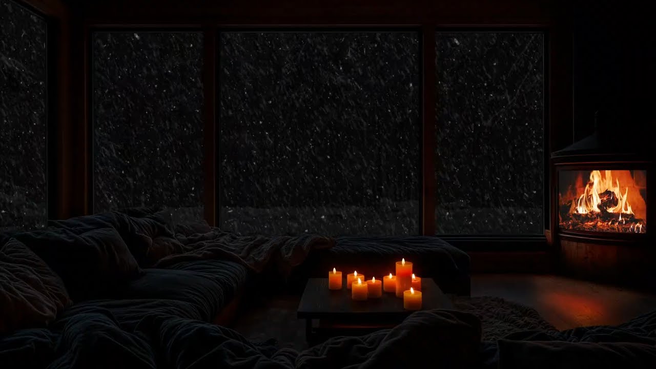 No Ads🔥❄️Crackling Fireplace & Gentle Snowfall | Winter Cabin Night Comfort for Relax, Sleep & Focus