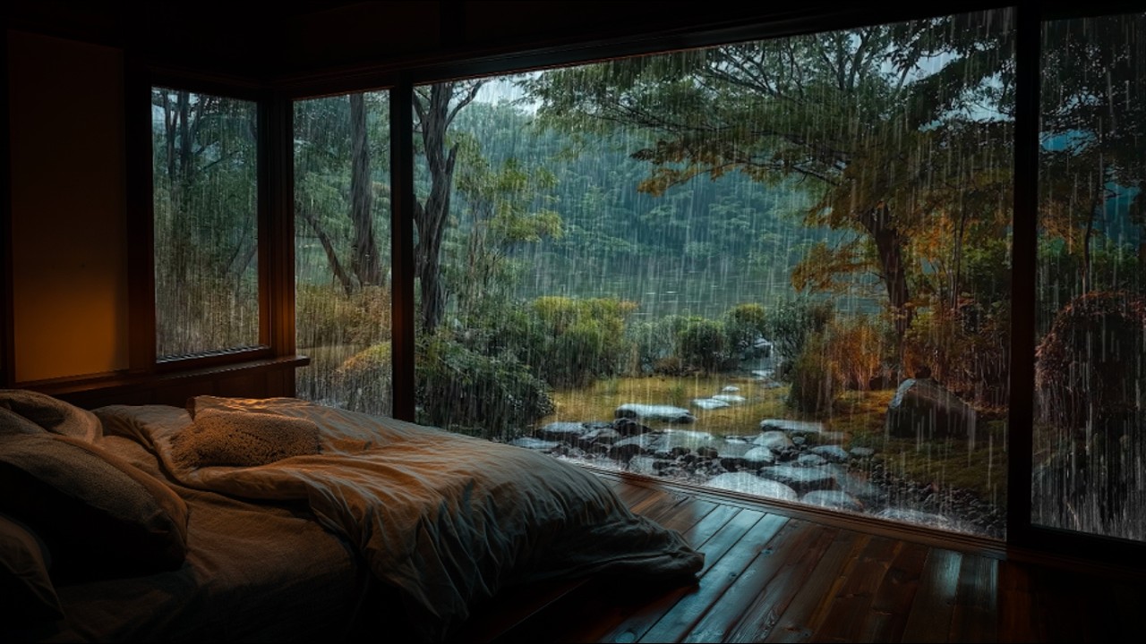 Listen to Heavy Rain Sounds in Dark Bedroom | Peaceful Forest & Lake 🌱
