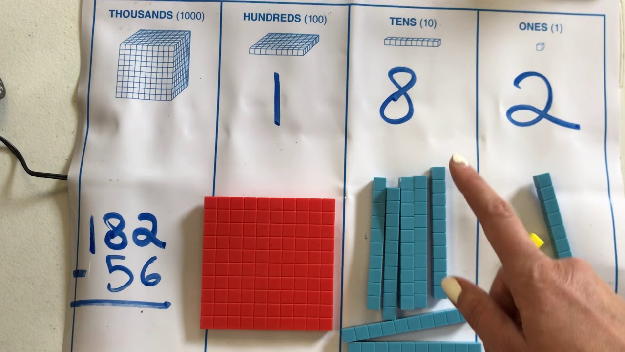 Borrowing with base ten blocks subtraction