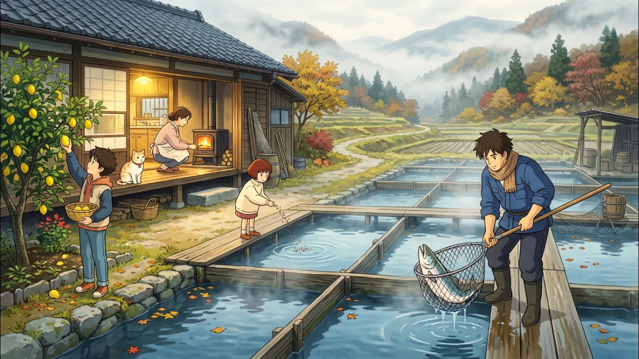 A Day at the Rural Salmon Fish Farm 🌲 Pond Cleaning, Roe & Sushi Night | Ghibli-Style ASMR