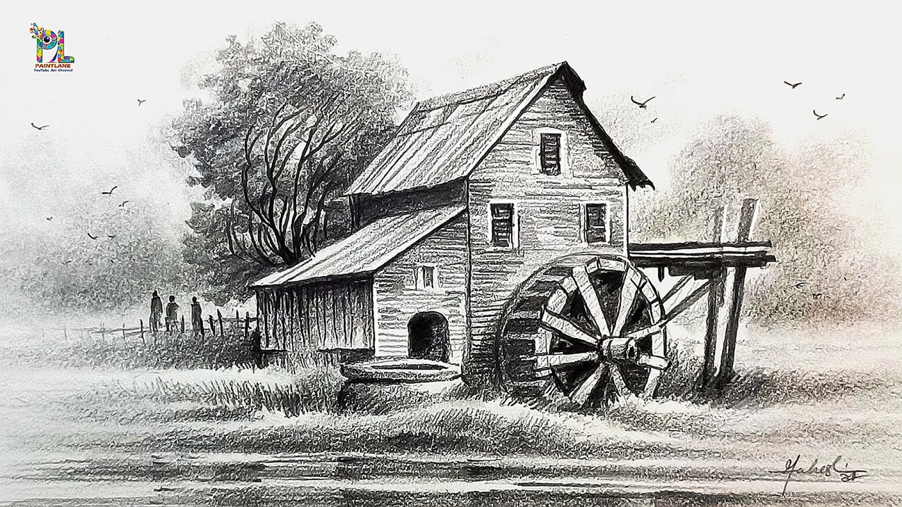 How to draw Old Wooden Water Mill in Scenery Art