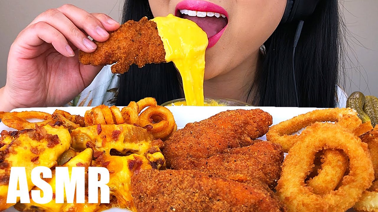ASMR CHEESY SPICY FRIED CHICKEN TENDERS + ONION RINGS *MESSY EATING* | ASMR Phan