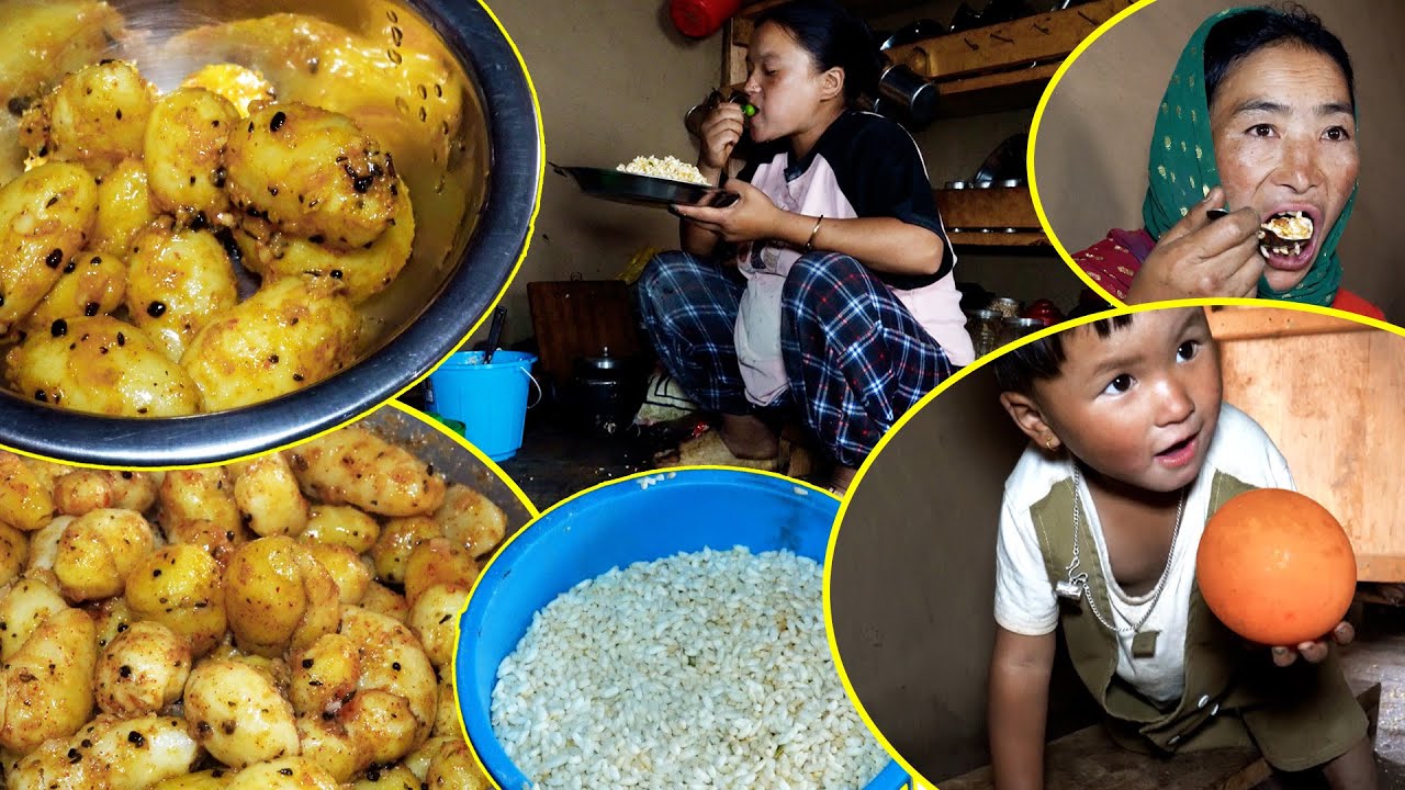 Adhiraj's mom enjoying potato fry in Jina's home@Pastoral  Life of Nepal @Alone Adhiraj