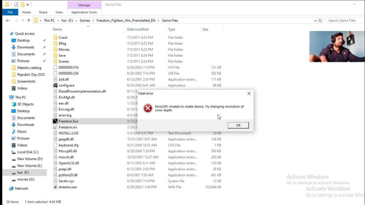 Direct3D: Unable to create device. Try changing resolution of color depth.