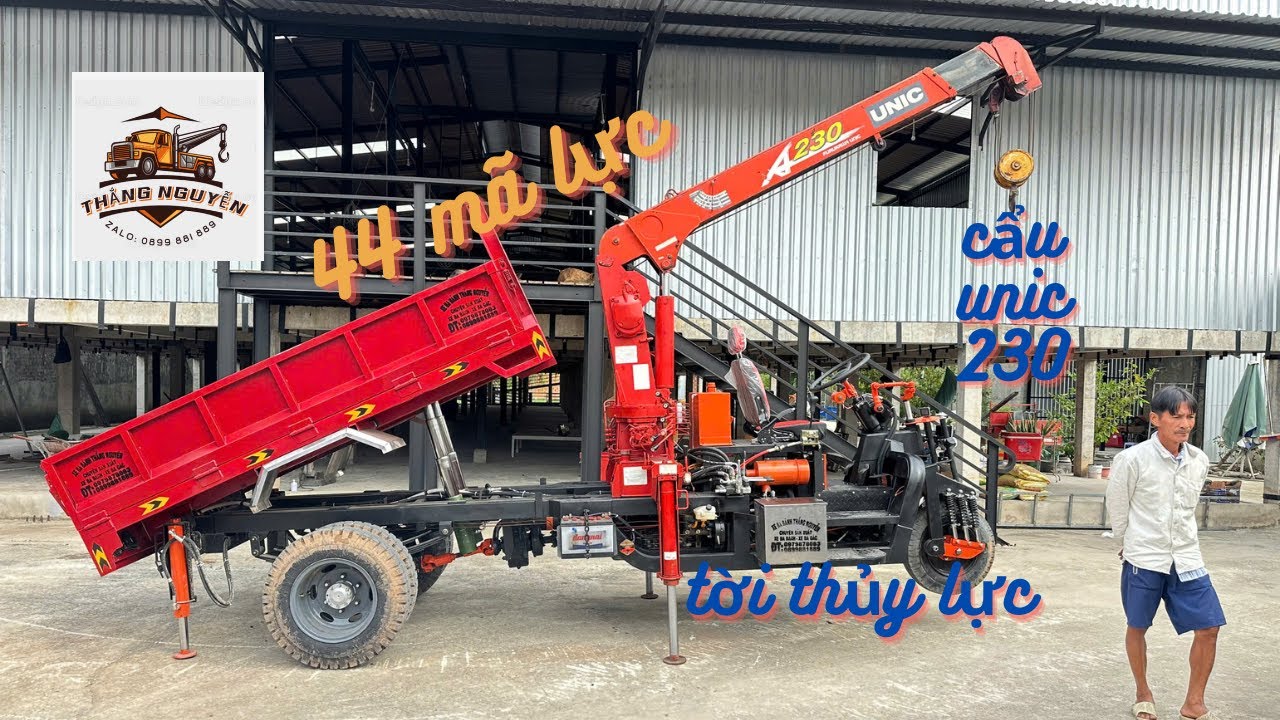 Xe Ba Gác Máy Dầu 44 HP. Lắp cẩu UNIC 230 Cầu 1T8 | Xe Ba Bánh Cẩu