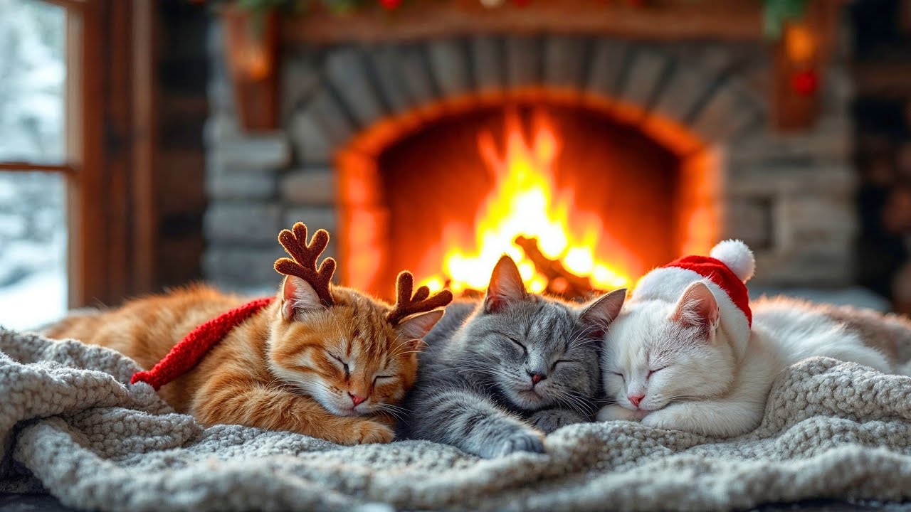 Whispers of Firelight – Cat Sleeping Soundly in a Peaceful Winter Cabin