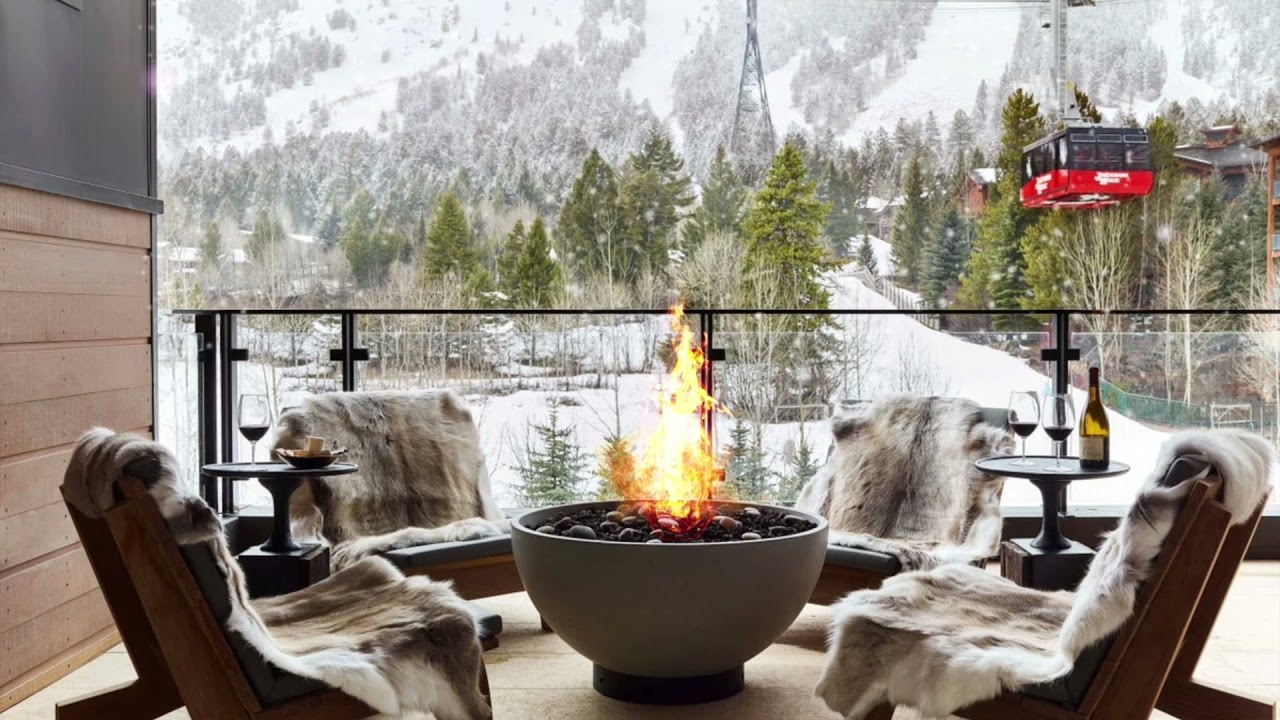 Aspen Ski Resort Ambience | POV | Fire Crackling & Snow Falling Sounds w/ distant calming music