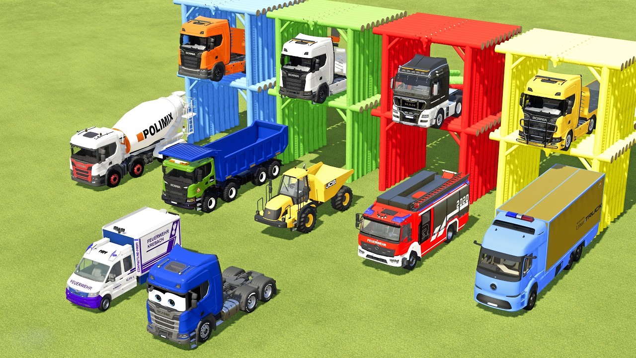 TRANSPORTING MIXER TRUCK, BOX TRUCK, FIRE TRUCK, DUMP TRUCK & AMBULANCE WITH SCANIA TRUCK -  FS22