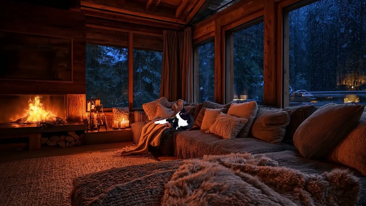 Cozy Cabin Rain & Thunder with Sleeping Pets Fireplace 3 Hours 🌬️🐶