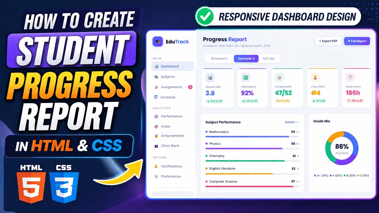 How to Create Student Progress Report in HTML and CSS | Responsive Dashboard Design