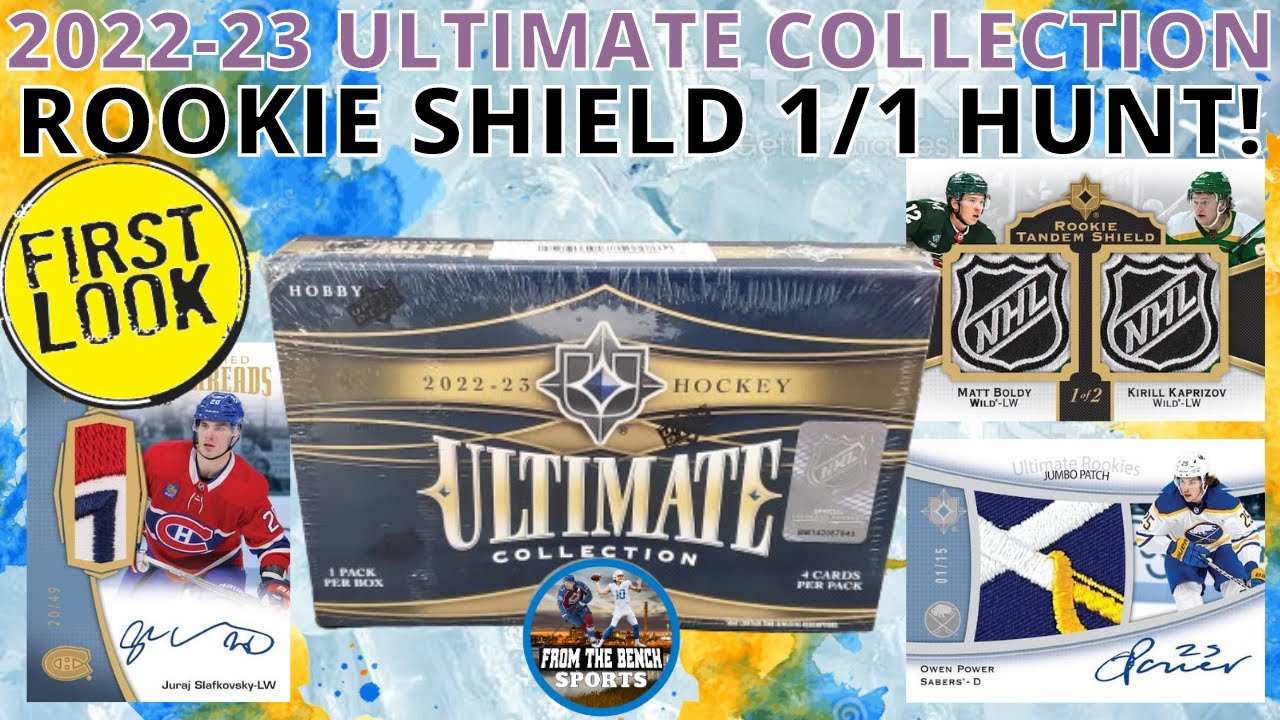 FIRST LOOK 2022-23 ULTIMATE COLLECTION - ROOKIE SHIELD AUTO 1/1 HUNT! SINGLE PACK, ONLY 4 CARDS