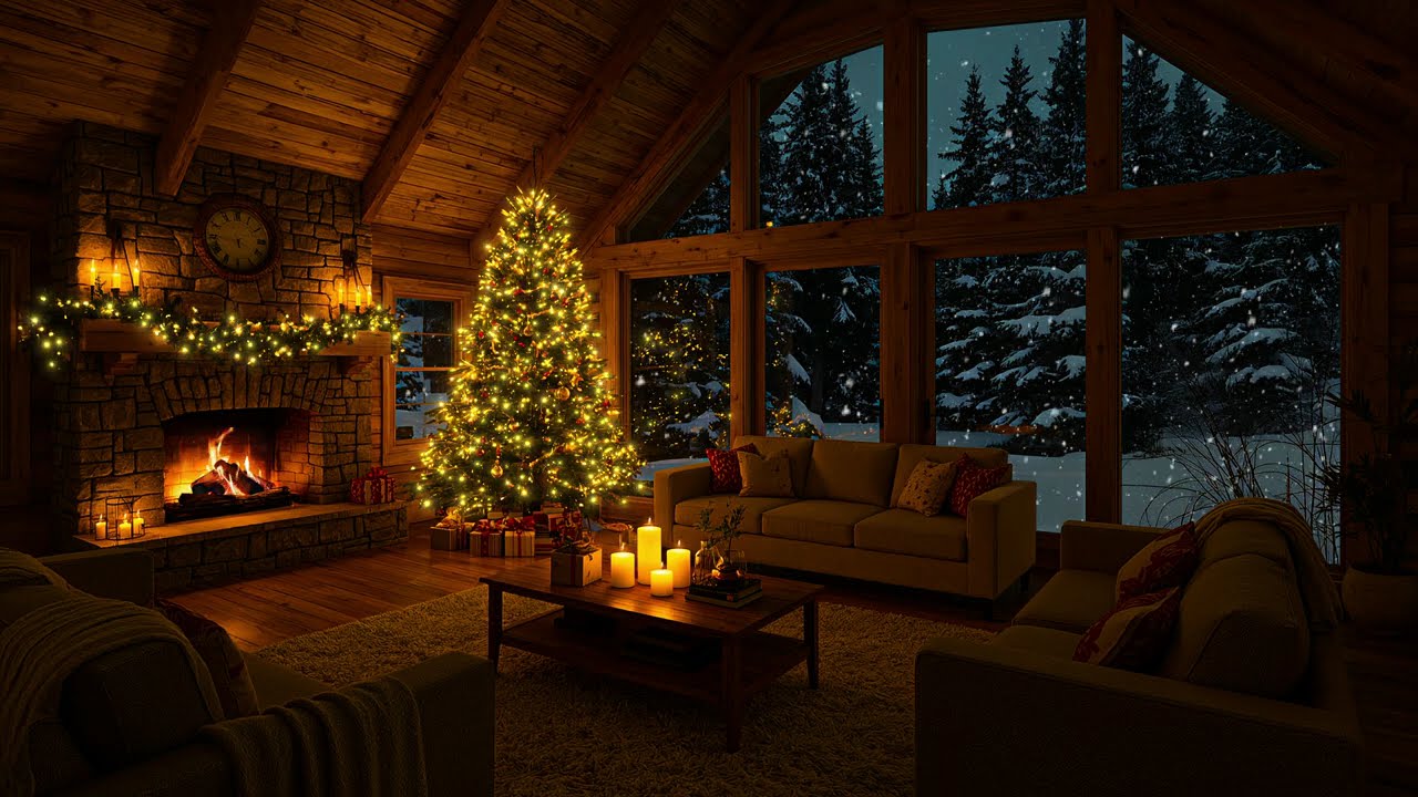 Warm Fireplace & Soft Christmas Piano 🎄 Relaxing Holiday Ambience with Snowfall