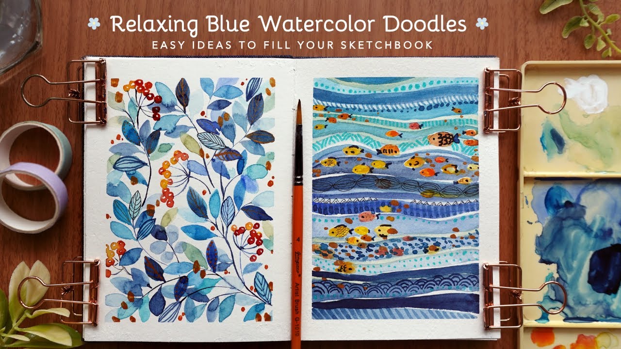 Simple and Relaxing Blue Doodles with Watercolors