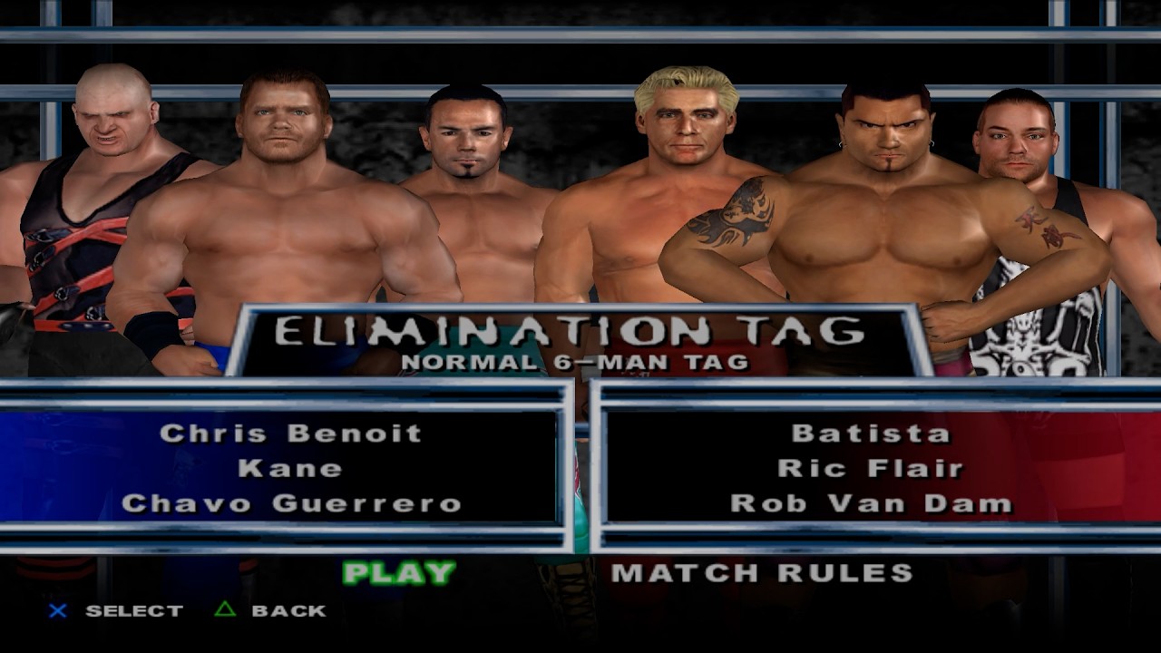 WWE SmackDown! HCTP - ChrisBenoit,Kane,ChavoGuerrero VS Batista,RicFlair,RVD (ELIMINATION TAG)