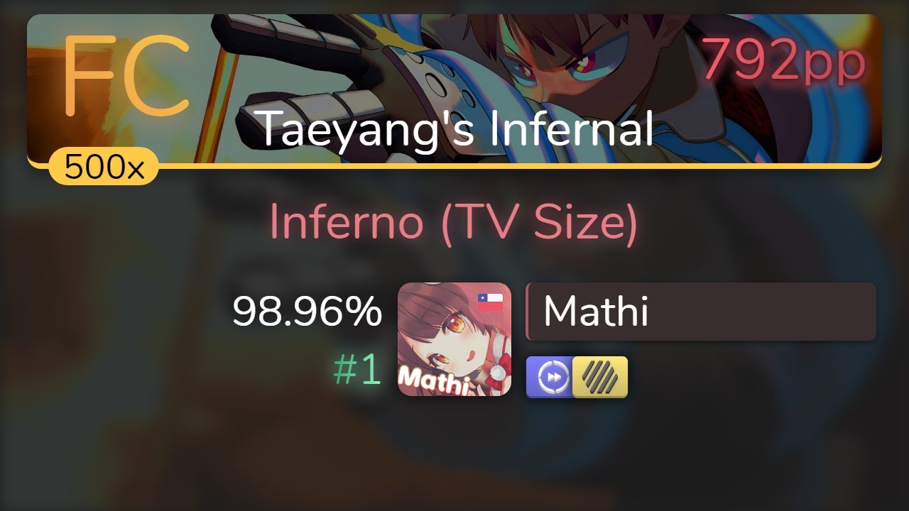 Mathi | Mrs. GREEN APPLE - Inferno (TV Size) [Taeyang's Infernal] +HDDT 98.96% {#1 792pp FC} - osu!