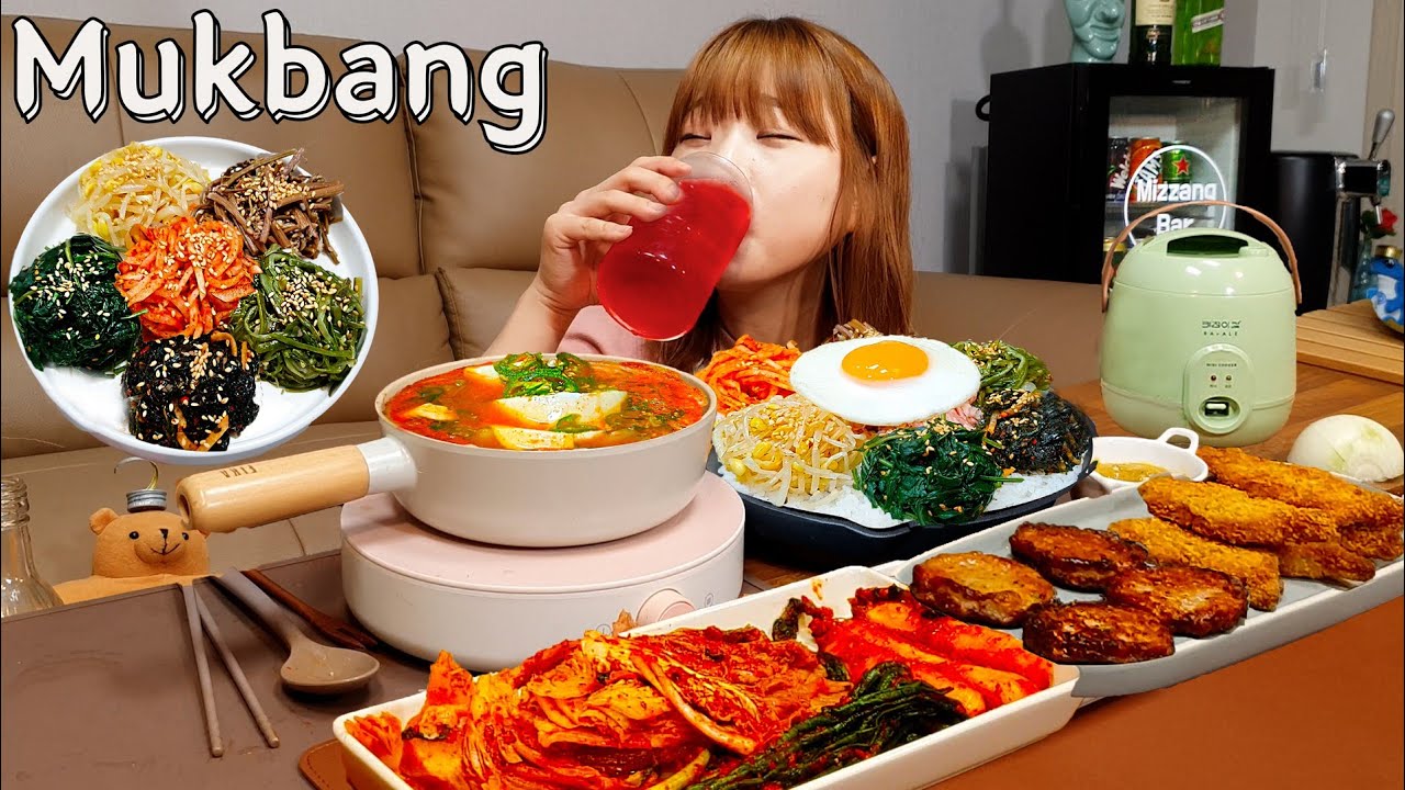 Sub)Real Mukbang- Приготовление пибимпапа на гриле🍱Мягкое рагу из тофу🥘Ликер из красного уксуса🍷ASMR