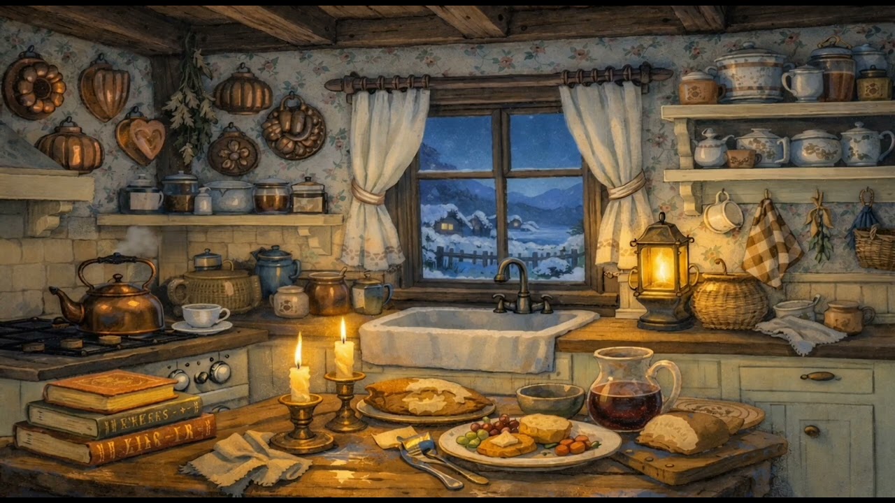 🌙 Cozy Winter Cottage Kitchen at Night 🕯️ | Soft Jazz for Deep Sleep & Relaxation ❄️ Snowy Ambience