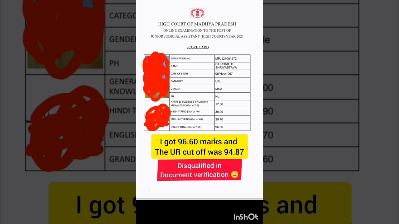 Junior Judicial Assistant (JJA 2021) Mp High Court Score card #mphc #jja #mphighcourt